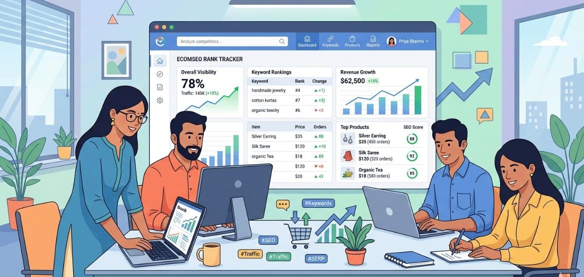 ecommerce SEO dashboard illustration with keyword ranking and online store growth